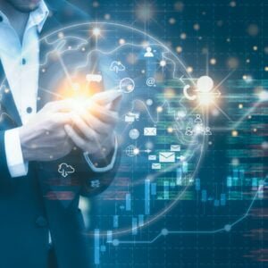 Business man using mobile phone with icon network connection, Digital online marketing and business